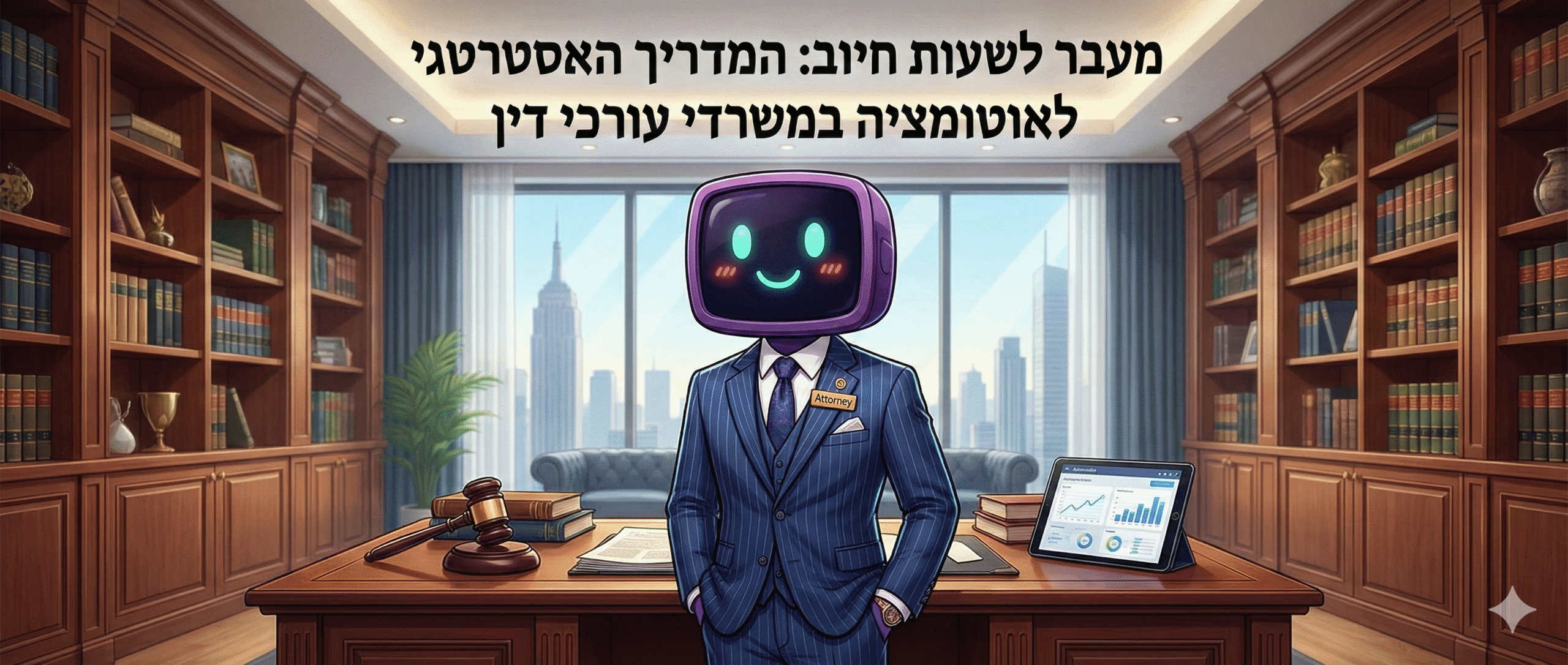 מעבר לשעות חיוב: המדריך האסטרטגי לאוטומציה במשרדי עורכי דין 1 Digi the presenter as a lawyer blog post cover image