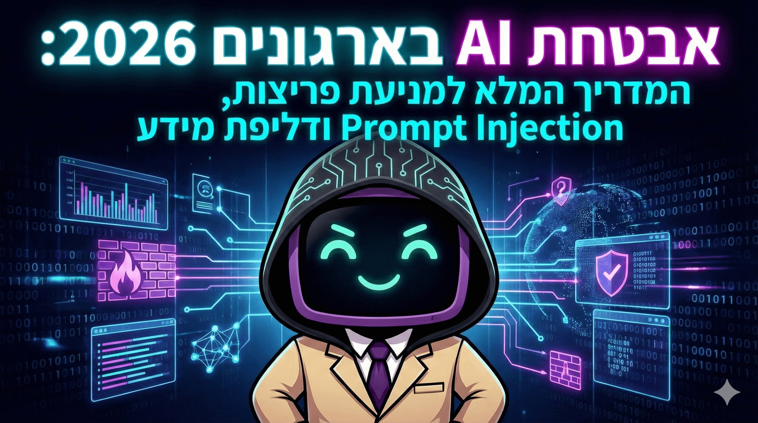 דמות המותג של Digital Beats לבושה כהאקר עם קפוצ'ון על רקע טכנולוגי כהה, עם הכותרת: אבטחת AI בארגונים 2026 - המדריך למניעת פריצות, Prompt Injection ודליפת מידע